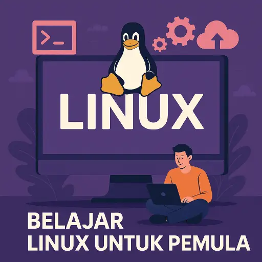 Ilustrasi digital bergaya flat seorang pemuda belajar Linux di depan monitor dengan logo Linux dan ikon terminal, gear, serta cloud.